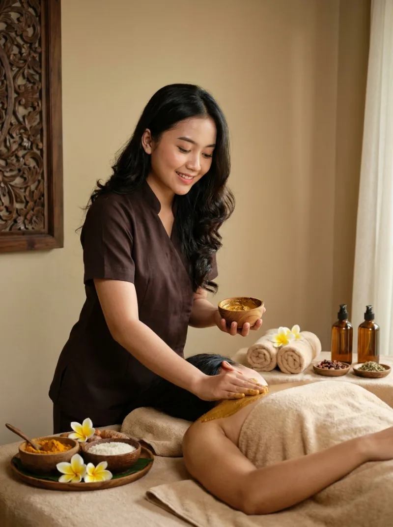 Perawatan lulur dengan bahan scrub alami seperti beras dan kunyit di meja spa.