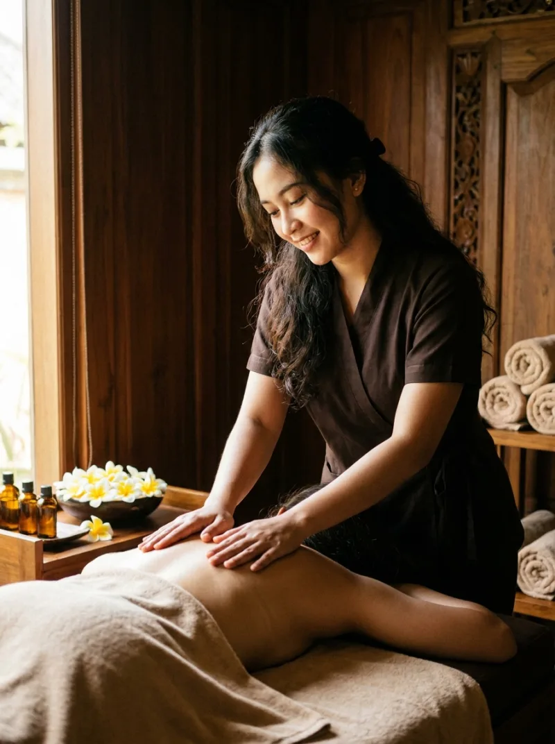 Terapis berseragam spa memijat punggung klien untuk pemulihan otot.