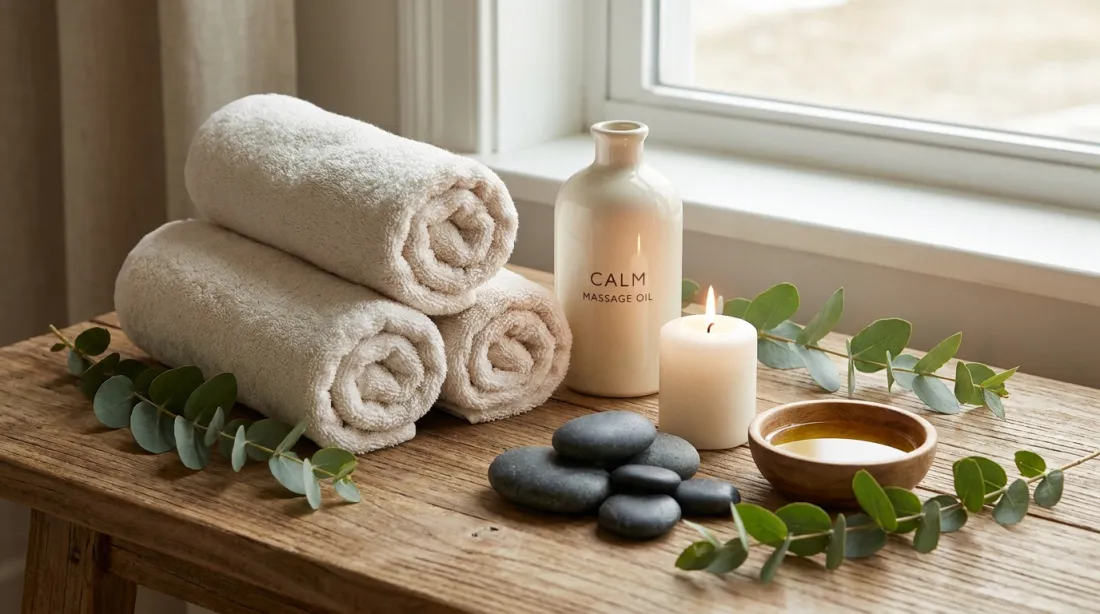 Perlengkapan spa: handuk gulung, minyak pijat, lilin, dan batu pijat di meja kayu.